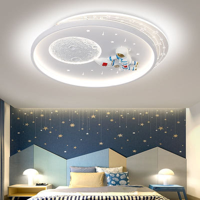 Modern Art Deco Kids Round Astronaut Moon Planet Acrylic Iron LED Flush Mount Ceiling Light For Bedroom