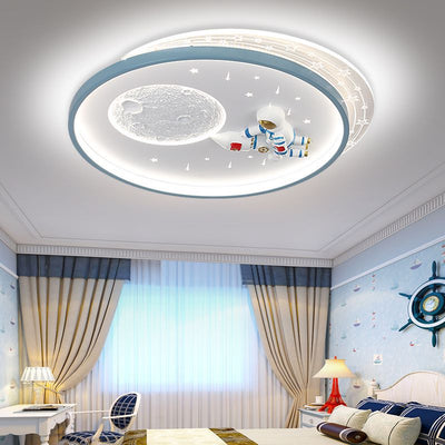 Modern Art Deco Kids Round Astronaut Moon Planet Acrylic Iron LED Flush Mount Ceiling Light For Bedroom