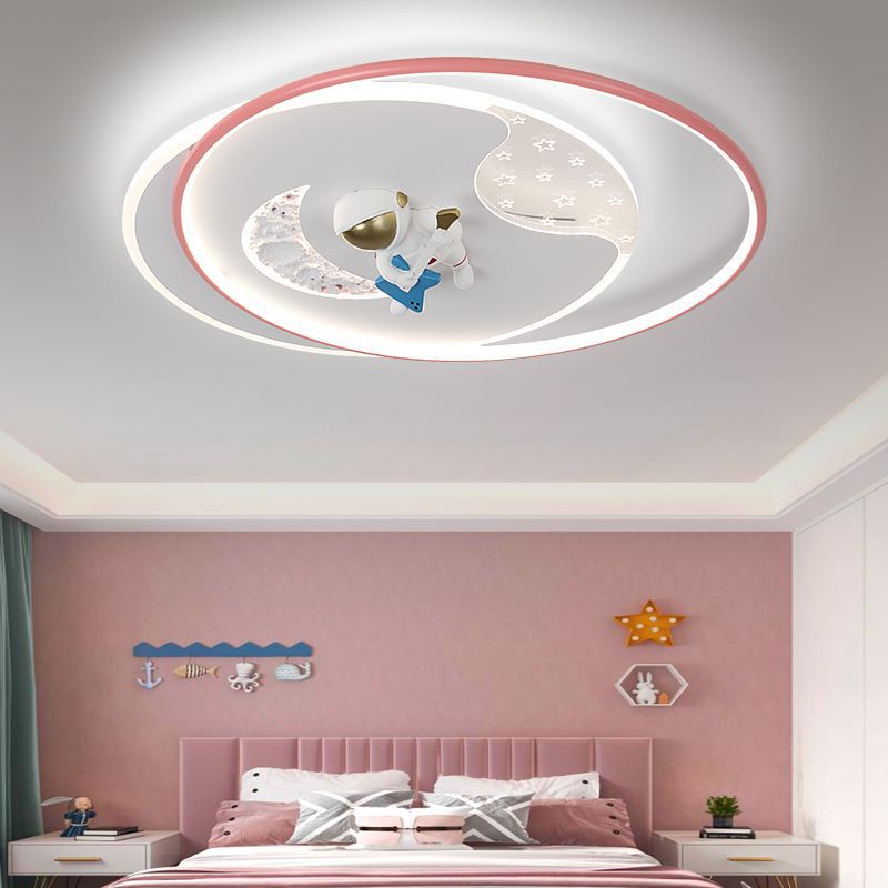 Modern Art Deco Kids Round Astronaut Moon Planet Acrylic Iron LED Flush Mount Ceiling Light For Bedroom