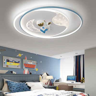 Modern Art Deco Kids Round Astronaut Moon Planet Acrylic Iron LED Flush Mount Ceiling Light For Bedroom