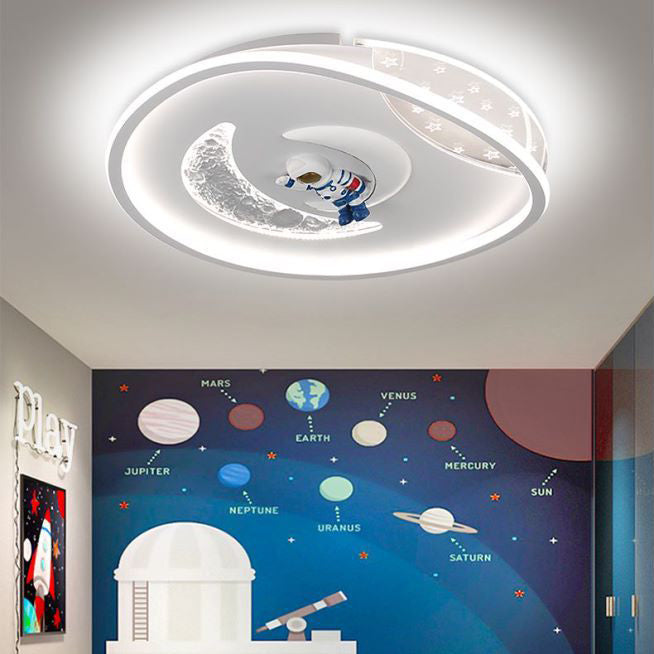 Modern Art Deco Kids Round Astronaut Moon Planet Acrylic Iron LED Flush Mount Ceiling Light For Bedroom