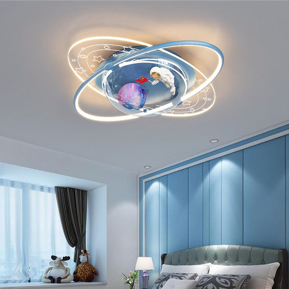 Modern Art Deco Kids Oval Astronaut Planet Acrylic Plaster Iron LED Flush Mount Ceiling Light For Living Room