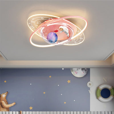 Modern Art Deco Kids Oval Astronaut Planet Acrylic Plaster Iron LED Flush Mount Ceiling Light For Living Room