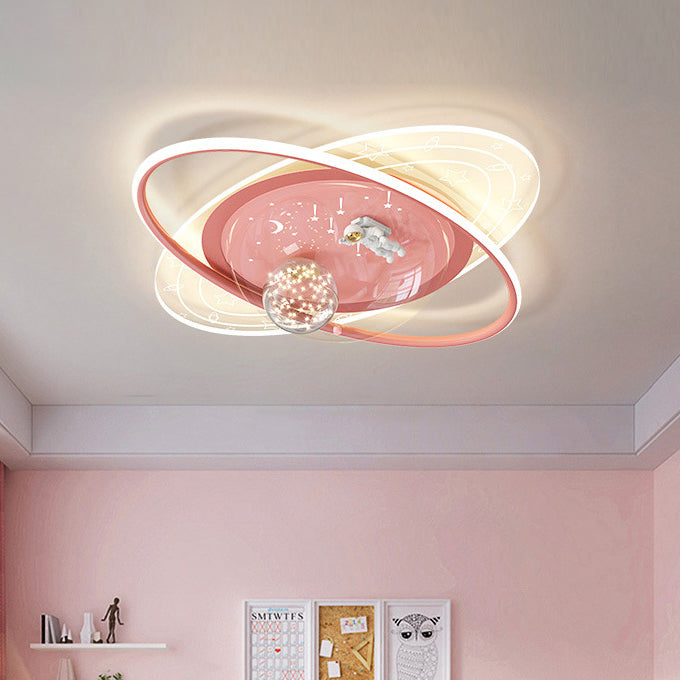 Modern Art Deco Kids Oval Astronaut Planet Acrylic Plaster Iron LED Flush Mount Ceiling Light For Living Room