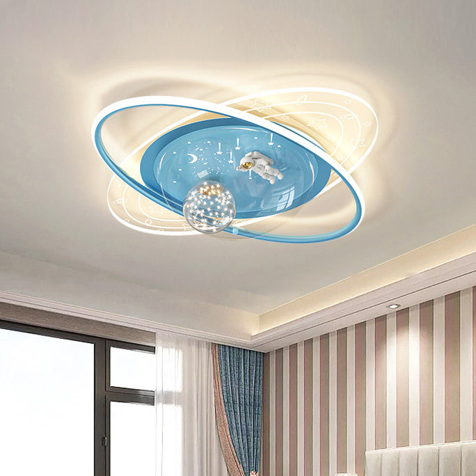 Modern Art Deco Kids Oval Astronaut Planet Acrylic Plaster Iron LED Flush Mount Ceiling Light For Living Room