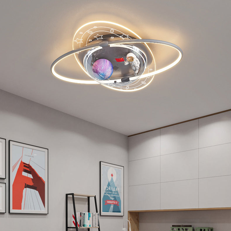 Modern Art Deco Kids Oval Astronaut Planet Acrylic Plaster Iron LED Flush Mount Ceiling Light For Living Room