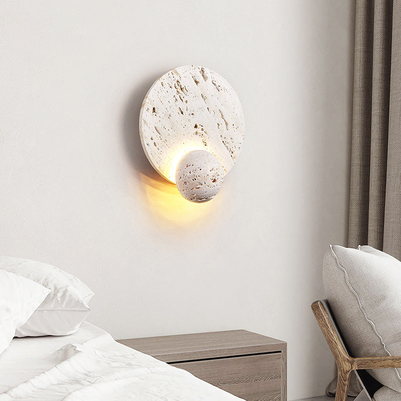 Traditional Japanese Round Ball White Travertine LED Wall Sconce Lamp For Living Room