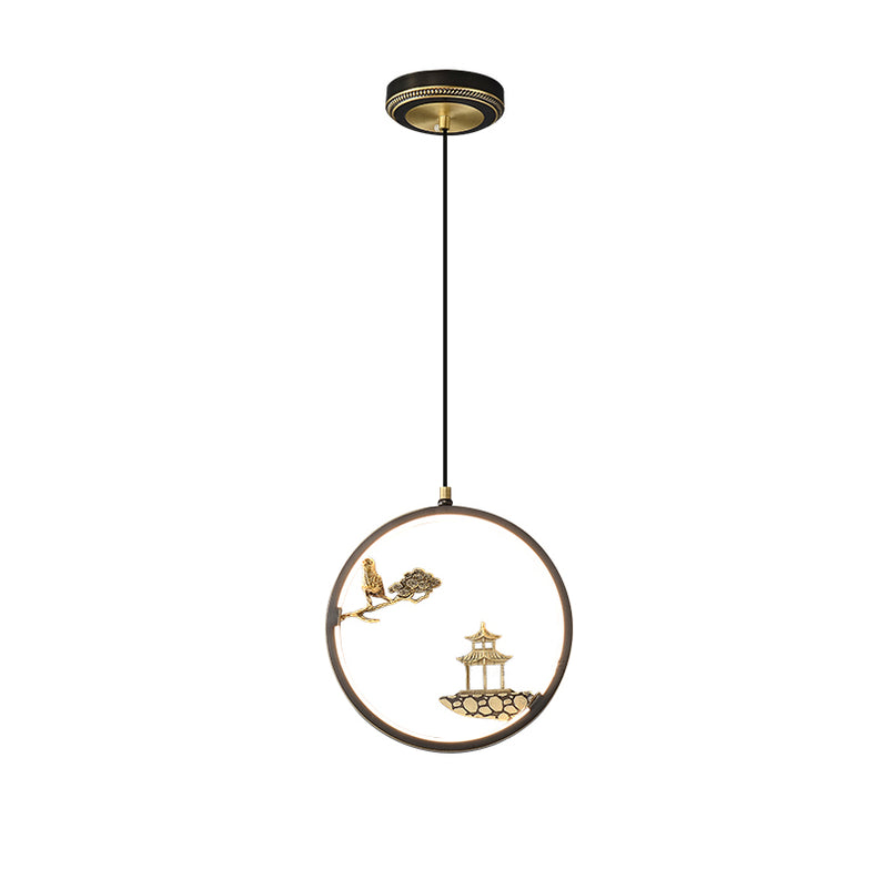 Traditional Chinese Bird Flower Pavilion Round Silicone Brass LED Pendant Light For Living Room