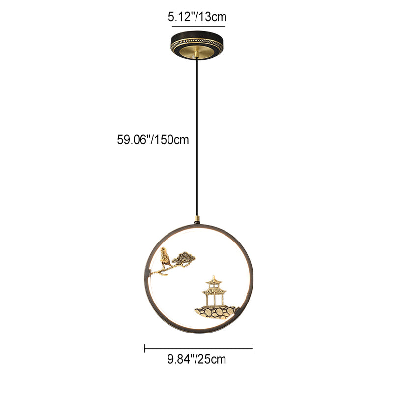 Traditional Chinese Bird Flower Pavilion Round Silicone Brass LED Pendant Light For Living Room