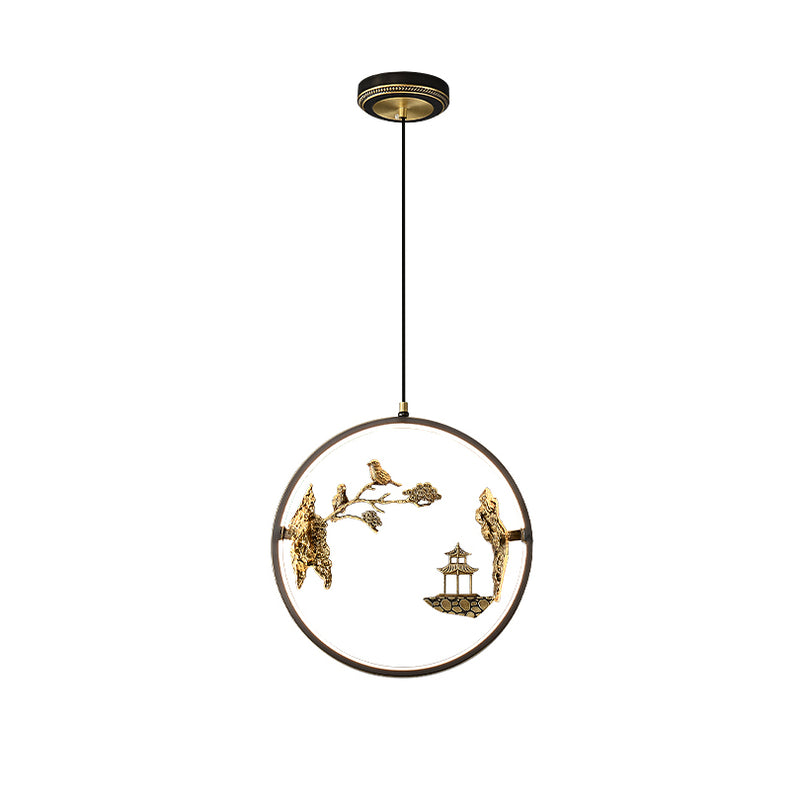 Traditional Chinese Bird Flower Pavilion Round Silicone Brass LED Pendant Light For Living Room