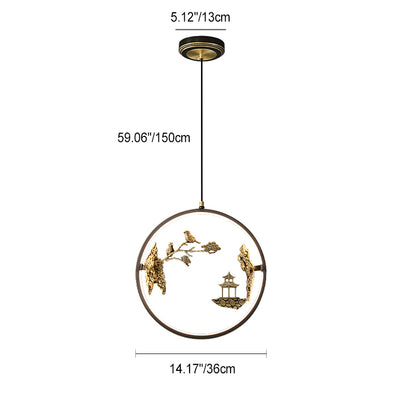 Traditional Chinese Bird Flower Pavilion Round Silicone Brass LED Pendant Light For Living Room