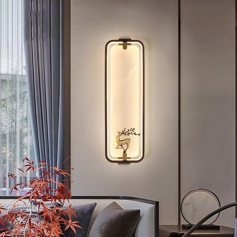 Traditional Chinese Rectangle Fairy Deer Apricot Leaf Marble Copper LED Wall Sconce Lamp For Living Room