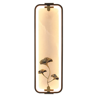 Traditional Chinese Rectangle Fairy Deer Apricot Leaf Marble Copper LED Wall Sconce Lamp For Living Room