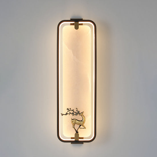 Traditional Chinese Rectangle Fairy Deer Apricot Leaf Marble Copper LED Wall Sconce Lamp For Living Room