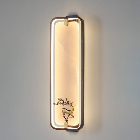 Traditional Chinese Rectangle Fairy Deer Apricot Leaf Marble Copper LED Wall Sconce Lamp For Living Room