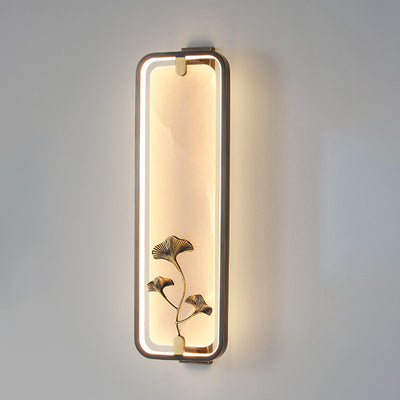 Traditional Chinese Rectangle Fairy Deer Apricot Leaf Marble Copper LED Wall Sconce Lamp For Living Room