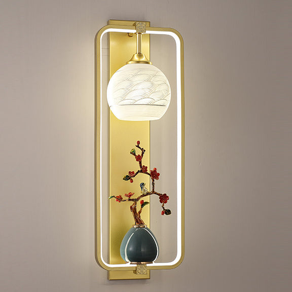 Traditional Chinese Rectangle Vase Leaves Round Iron Aluminum LED Wall Sconce Lamp For Bedroom