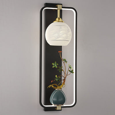 Traditional Chinese Rectangle Vase Leaves Round Iron Aluminum LED Wall Sconce Lamp For Bedroom