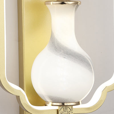 Traditional Chinese Rectangle Vase Leaves Round Iron Aluminum LED Wall Sconce Lamp For Bedroom