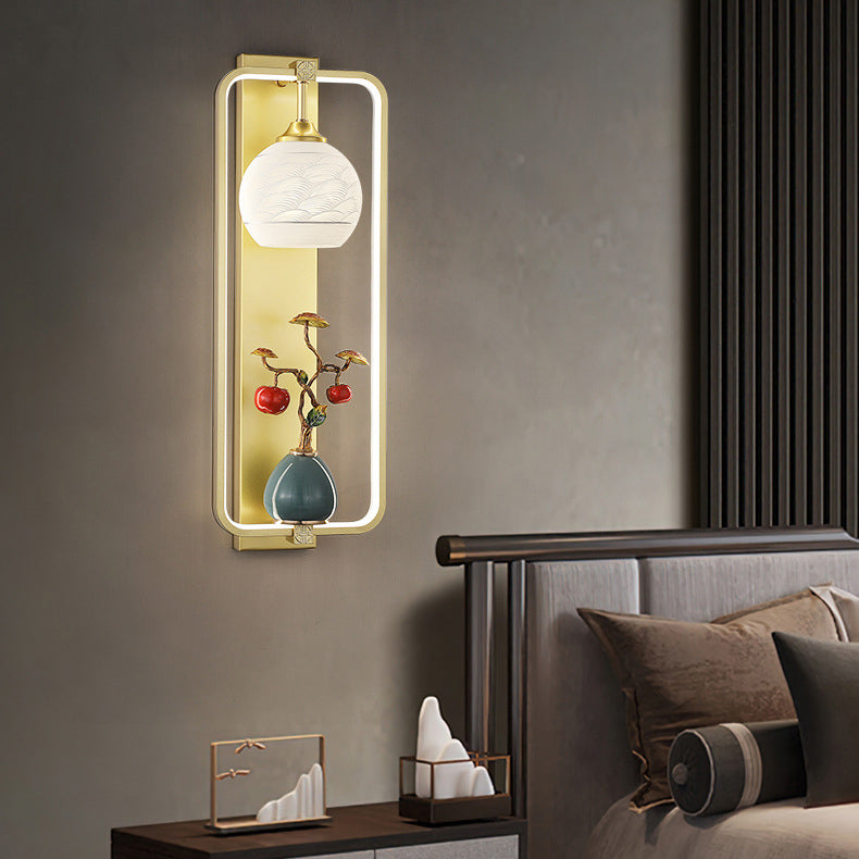 Traditional Chinese Rectangle Vase Leaves Round Iron Aluminum LED Wall Sconce Lamp For Bedroom