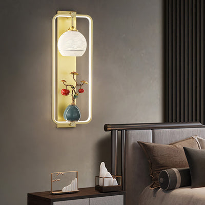 Traditional Chinese Rectangle Vase Leaves Round Iron Aluminum LED Wall Sconce Lamp For Bedroom