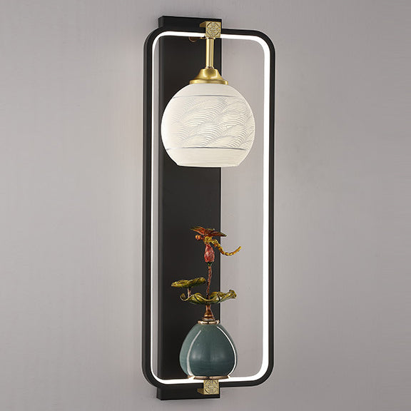 Traditional Chinese Rectangle Vase Leaves Round Iron Aluminum LED Wall Sconce Lamp For Bedroom