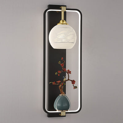 Traditional Chinese Rectangle Vase Leaves Round Iron Aluminum LED Wall Sconce Lamp For Bedroom