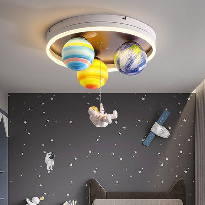 Modern Art Deco Kids Planet Astronaut Round Acrylic Resin Iron LED Flush Mount Ceiling Light For Bedroom