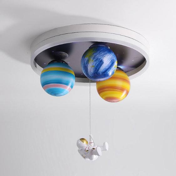 Modern Art Deco Kids Planet Astronaut Round Acrylic Resin Iron LED Flush Mount Ceiling Light For Bedroom