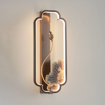 Traditional Chinese Lotus Rectangle Fish Wood Bronze LED Wall Sconce Lamp For Living Room