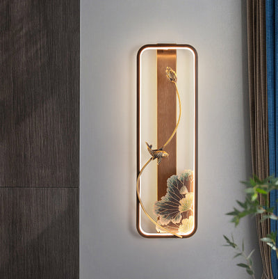 Traditional Chinese Lotus Rectangle Fish Wood Bronze LED Wall Sconce Lamp For Living Room