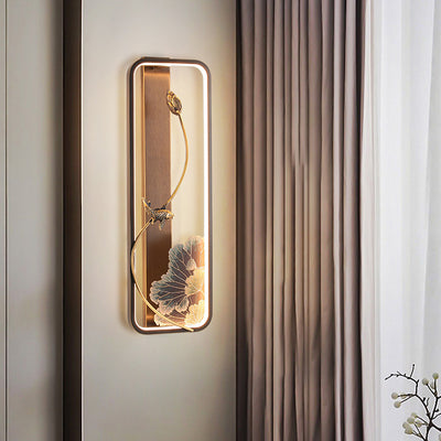 Traditional Chinese Lotus Rectangle Fish Wood Bronze LED Wall Sconce Lamp For Living Room