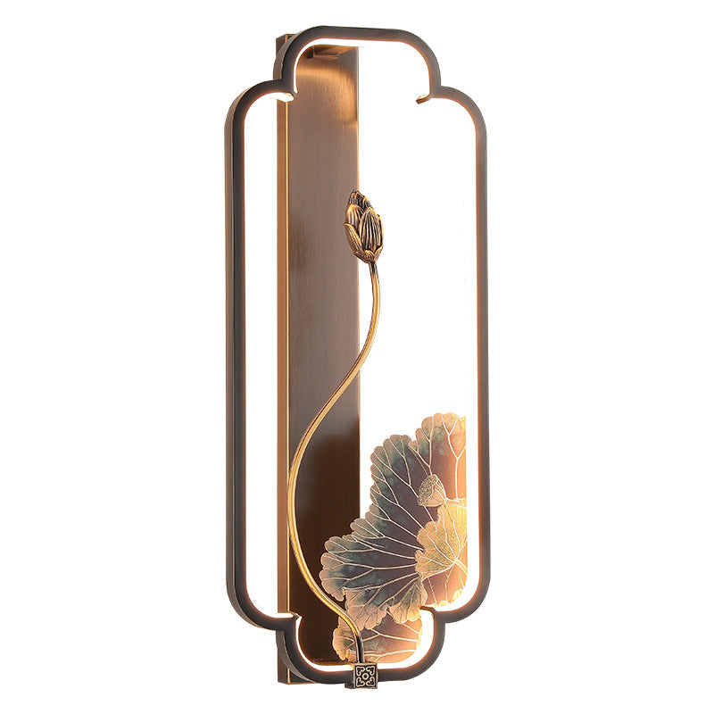 Traditional Chinese Lotus Rectangle Fish Wood Bronze LED Wall Sconce Lamp For Living Room