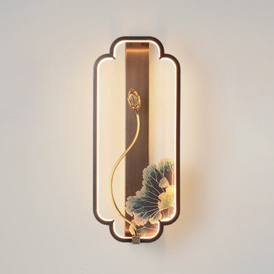 Traditional Chinese Lotus Rectangle Fish Wood Bronze LED Wall Sconce Lamp For Living Room