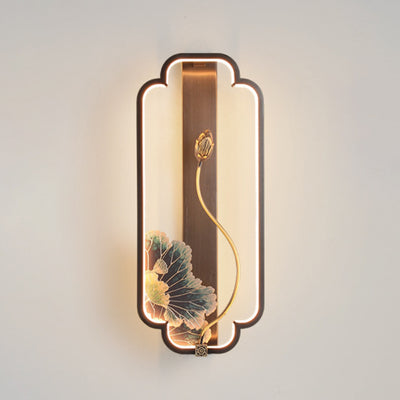 Traditional Chinese Lotus Rectangle Fish Wood Bronze LED Wall Sconce Lamp For Living Room