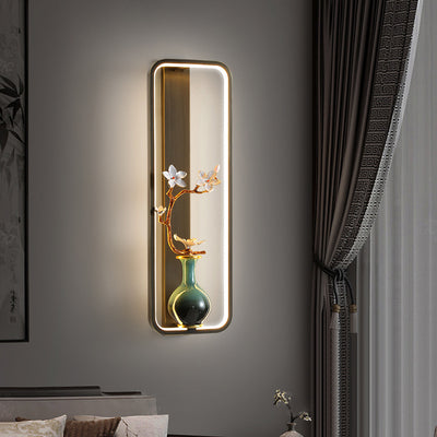 Traditional Chinese Orchid Leaf Rectangle Zinc Alloy Copper LED Wall Sconce Lamp For Living Room