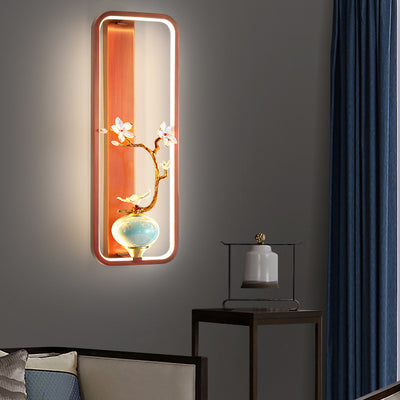 Traditional Chinese Orchid Leaf Rectangle Zinc Alloy Copper LED Wall Sconce Lamp For Living Room