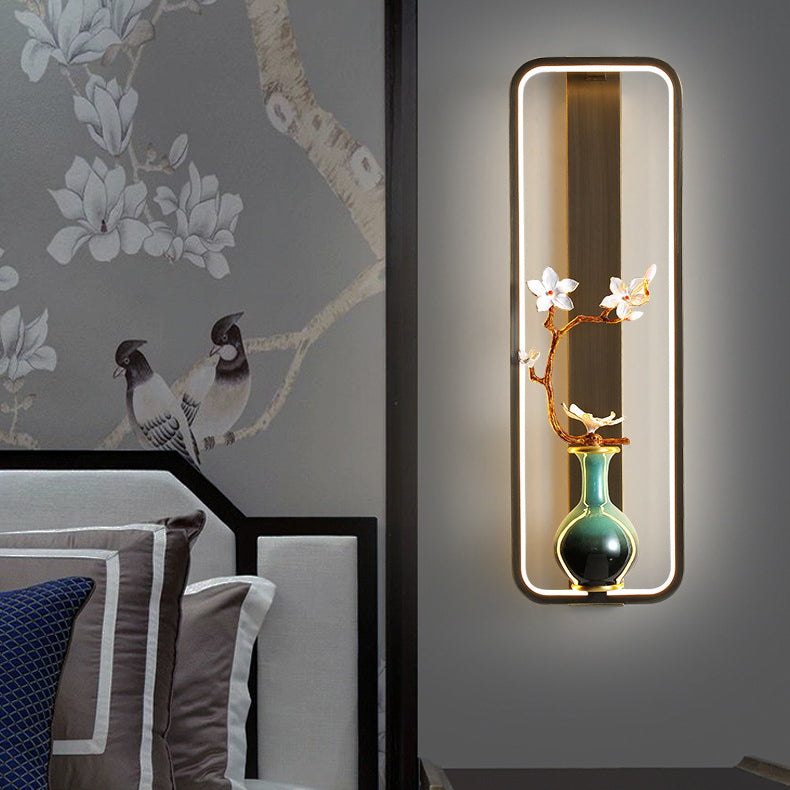 Traditional Chinese Orchid Leaf Rectangle Zinc Alloy Copper LED Wall Sconce Lamp For Living Room