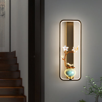 Traditional Chinese Orchid Leaf Rectangle Zinc Alloy Copper LED Wall Sconce Lamp For Living Room