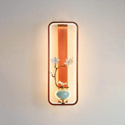 Traditional Chinese Orchid Leaf Rectangle Zinc Alloy Copper LED Wall Sconce Lamp For Living Room