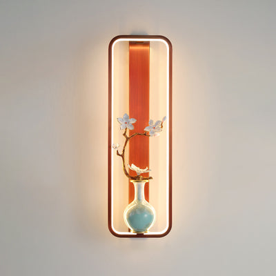 Traditional Chinese Orchid Leaf Rectangle Zinc Alloy Copper LED Wall Sconce Lamp For Living Room