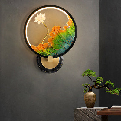 Traditional Chinese Lotus Leaf Flower Round Acrylic Glass Copper LED Wall Sconce Lamp For Living Room