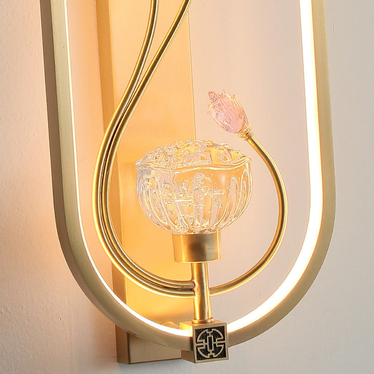 Traditional Chinese Ruffle Flower Oval Glass Copper LED Wall Sconce Lamp For Living Room