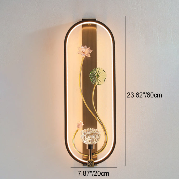 Traditional Chinese Ruffle Flower Oval Glass Copper LED Wall Sconce Lamp For Living Room