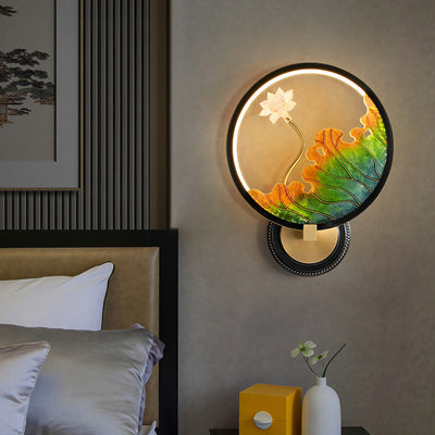 Traditional Chinese Lotus Leaf Flower Round Acrylic Glass Copper LED Wall Sconce Lamp For Living Room