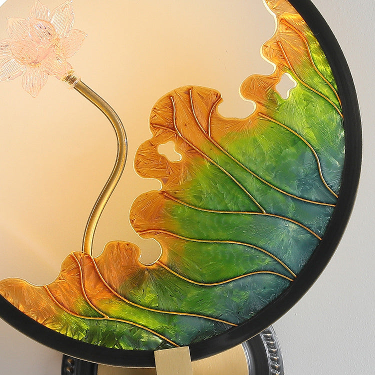 Traditional Chinese Lotus Leaf Flower Round Acrylic Glass Copper LED Wall Sconce Lamp For Living Room