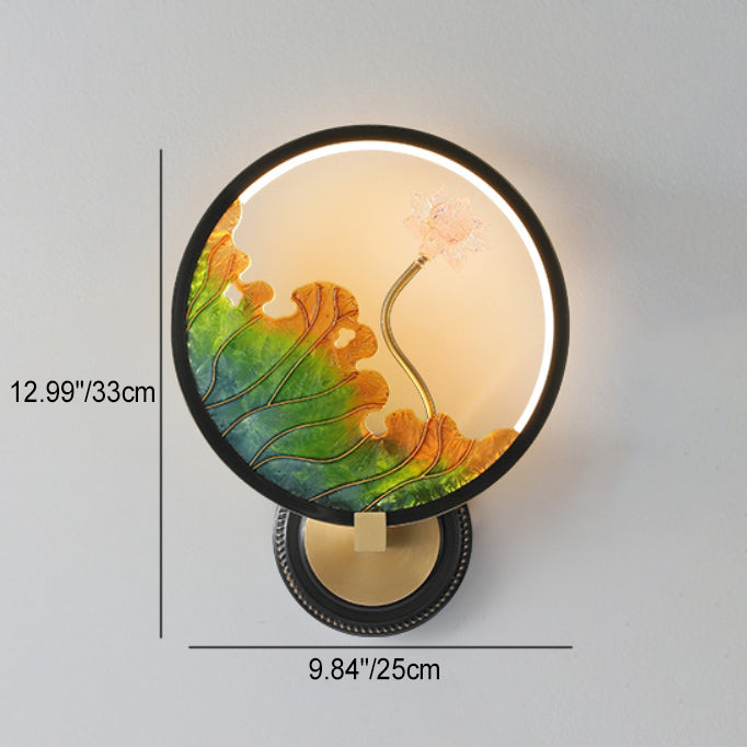 Traditional Chinese Lotus Leaf Flower Round Acrylic Glass Copper LED Wall Sconce Lamp For Living Room