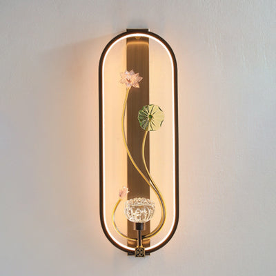 Traditional Chinese Ruffle Flower Oval Glass Copper LED Wall Sconce Lamp For Living Room