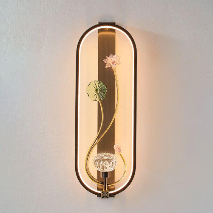 Traditional Chinese Ruffle Flower Oval Glass Copper LED Wall Sconce Lamp For Living Room