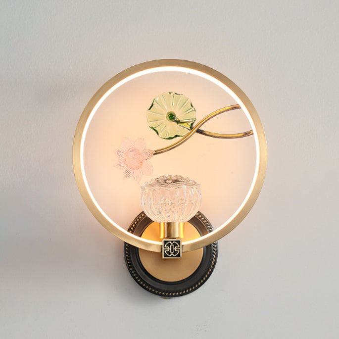 Traditional Chinese Lotus Leaf Flower Round Acrylic Glass Copper LED Wall Sconce Lamp For Living Room